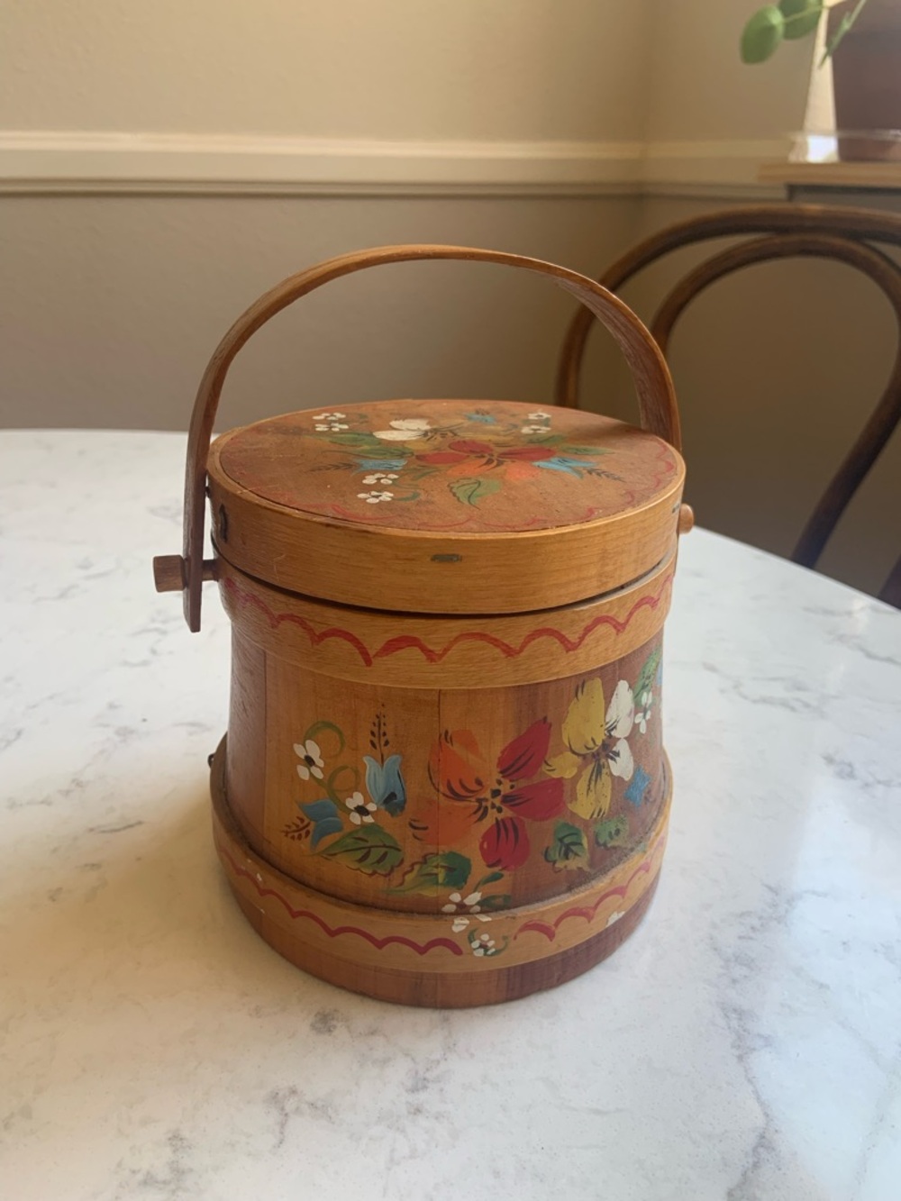 Vintage Hand-Painted Floral Wooden Box with Handle - Natural Wood
